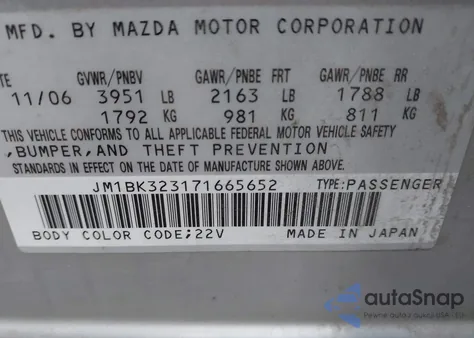 2007 Mazda Mazda3 S Sport из США, поврежденный, VIN JM1BK323171665652